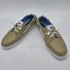 Tommy Hilfiger Womens Slip-On Gold Shimmer Preppy Boat Shoes 9 Logo‎ Loafers New